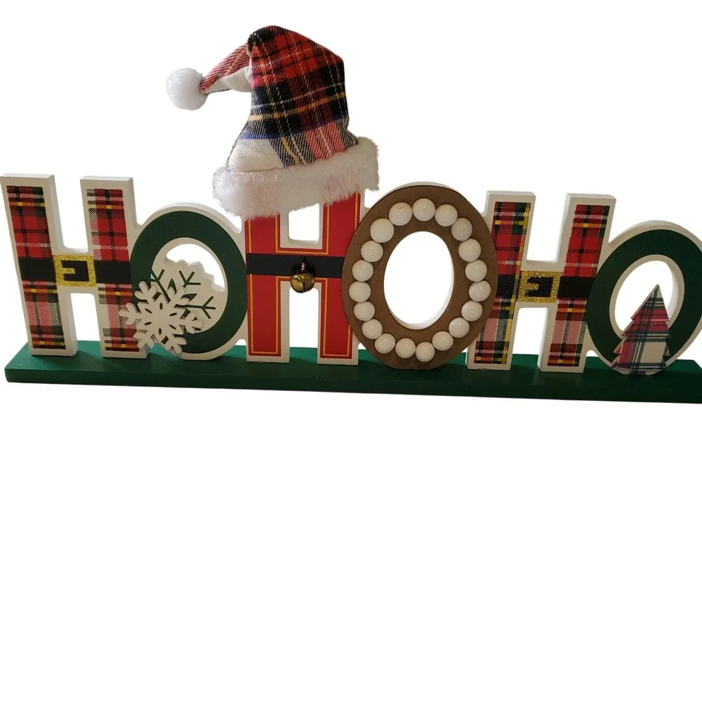 Wooden HO HO HO Christmas Sign‎ Plaid Santa Hat Snowflake Bell Tabletop Decor